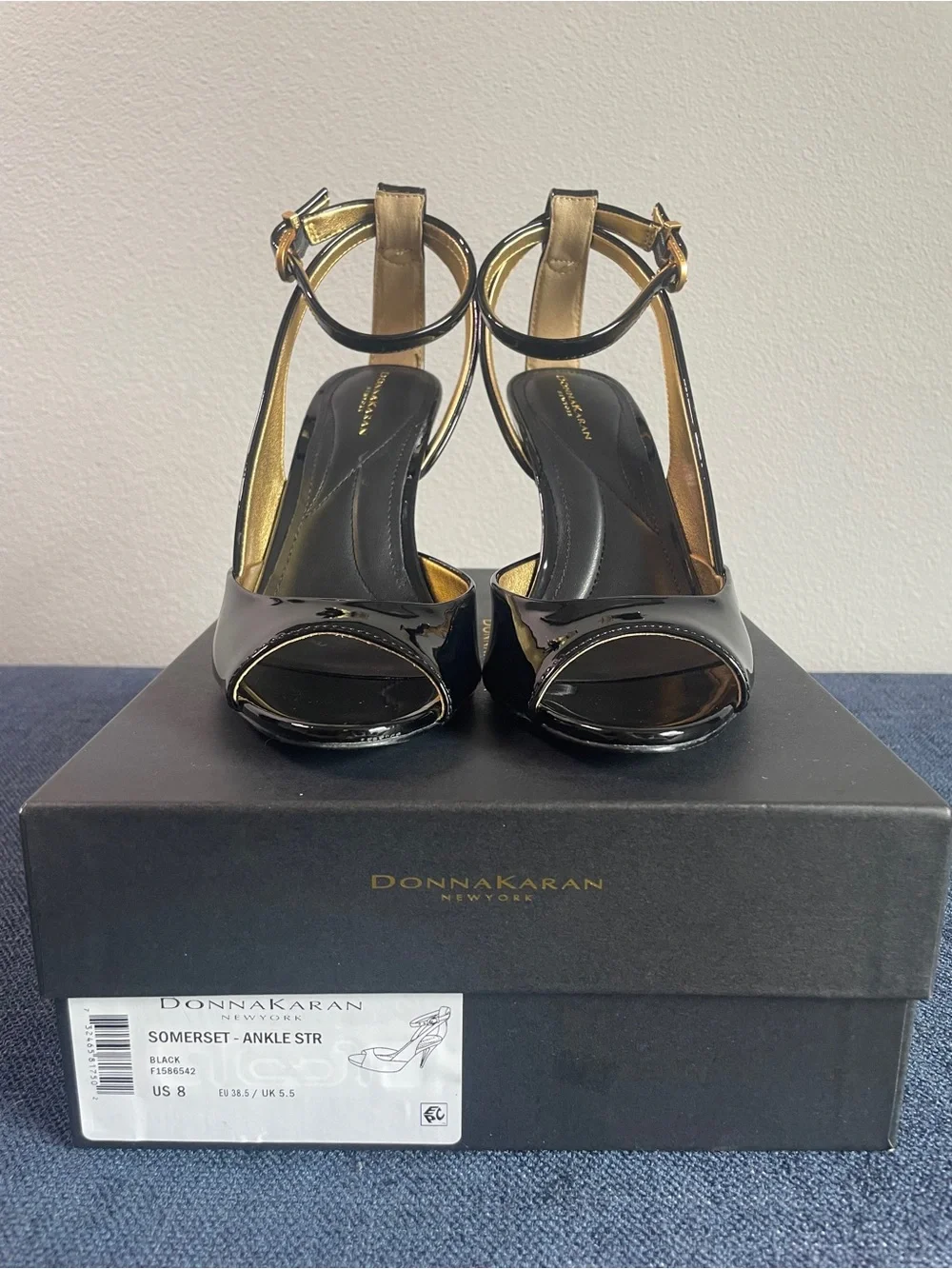Donna Karan - Somerset - Black Patent Peep-Toe Ankle-Strap Heels with Gold Trim
